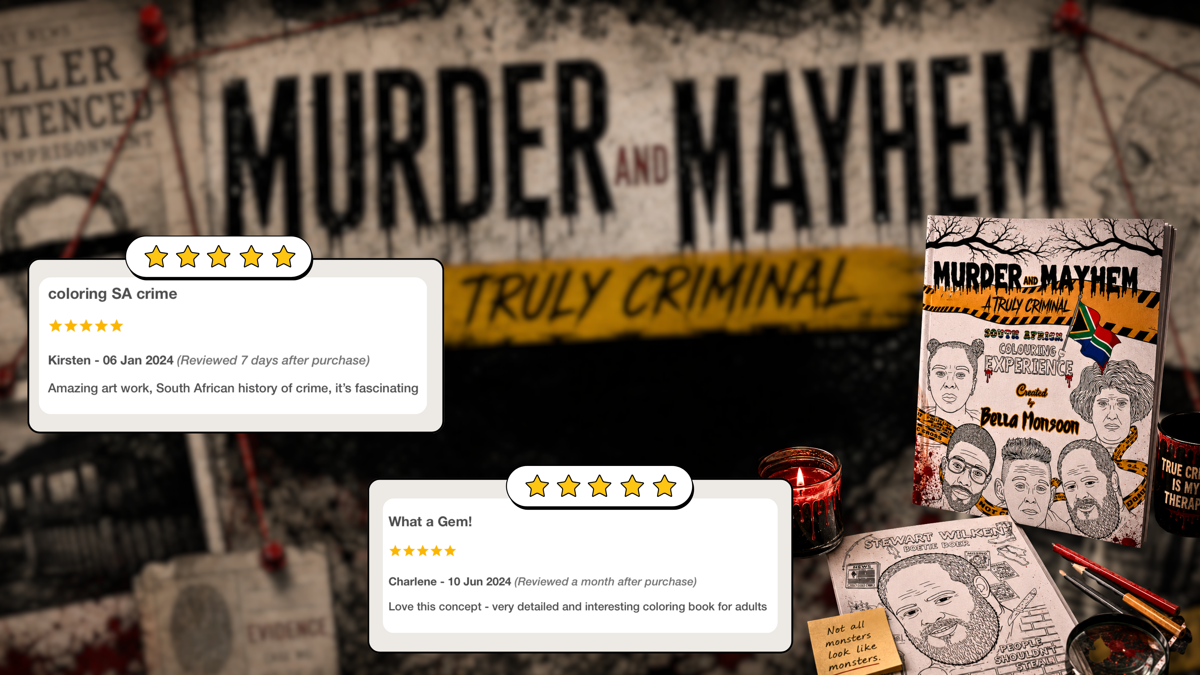 Bella Monsoon Truly Criminal Homepage Cover featuring reviews of the adult colouring book as well as the book itself and a look into one of the pages- Stewart Wilken